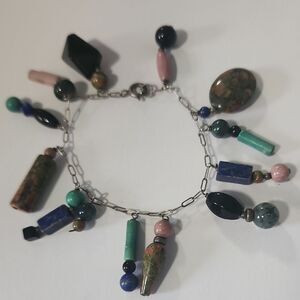 Sterling Silver Semi Precious Stone Colorful Charm Bracelet 925